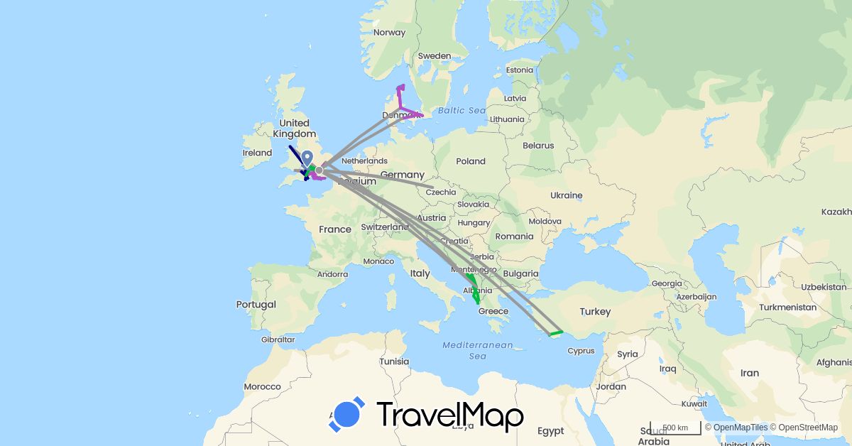 TravelMap itinerary: driving, bus, plane, cycling, train in Albania, Czech Republic, Denmark, United Kingdom, Montenegro, Sweden, Turkey (Asia, Europe)